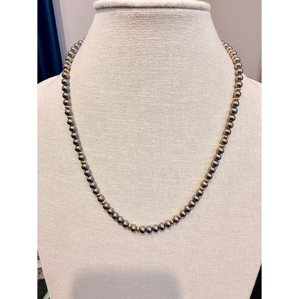Gray Faux Pearl Bead Necklace with Gold Tone Spacers